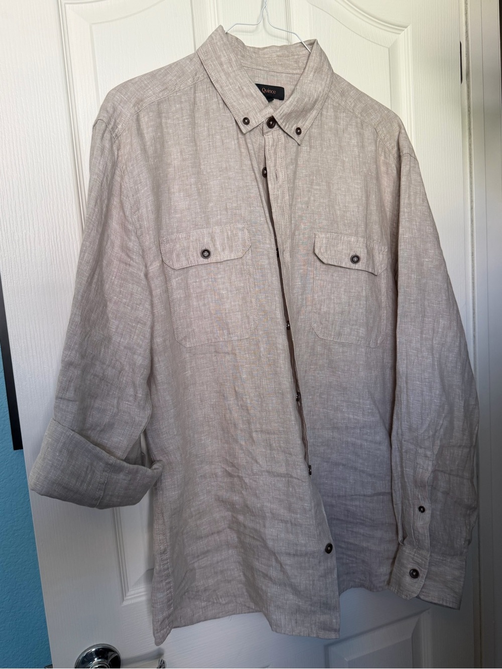 Quince Light Beige Linen Button-Down Utility Shirt